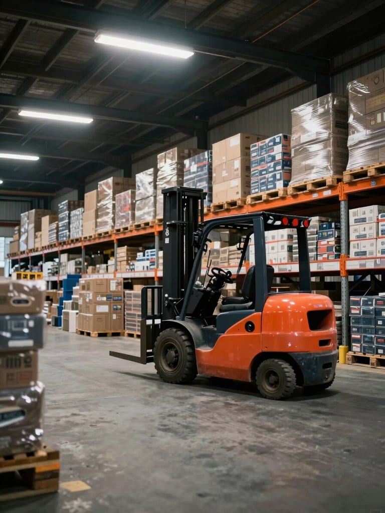 Wide interior of a busy Lyon warehouse, pallets of goods stacked high under cool overhead fluorescent light, a forklift in motion mid-frame, concrete floor visible in foreground, industrial scale evident