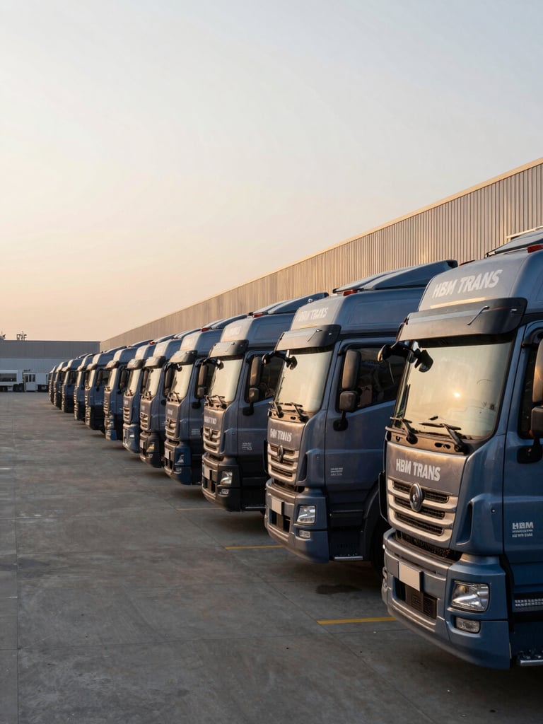 Wide panoramic view of HBM TRANS company yard at early morning, a row of branded blue-grey trucks parked in formation to the right, long concrete apron stretching left, low golden light raking across vehicle flanks showing fleet scale