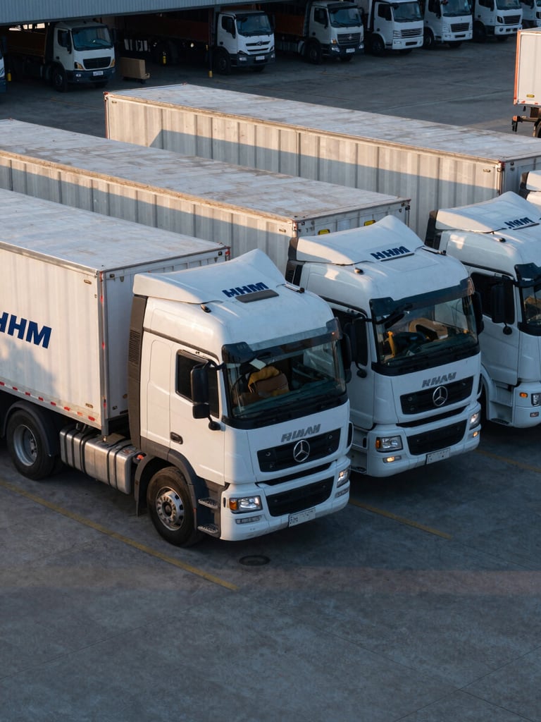 Ground-level wide shot of a row of HBM TRANS fleet trucks parked in an operational depot yard, early morning cool light, concrete surface, cab details and load area visible, no people