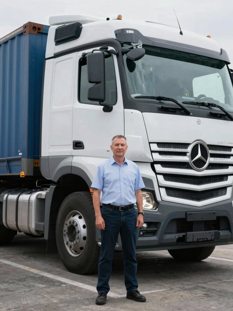 Three-quarter documentary portrait of a logistics manager standing beside a Mercedes heavy truck cab at a freight depot, overcast daylight, industrial background, professional demeanor, no smile posed for camera