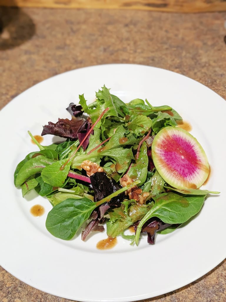 baby greens salad with watermelon radish & balsalmic dressing. Portland gluten free dairy-free vegan