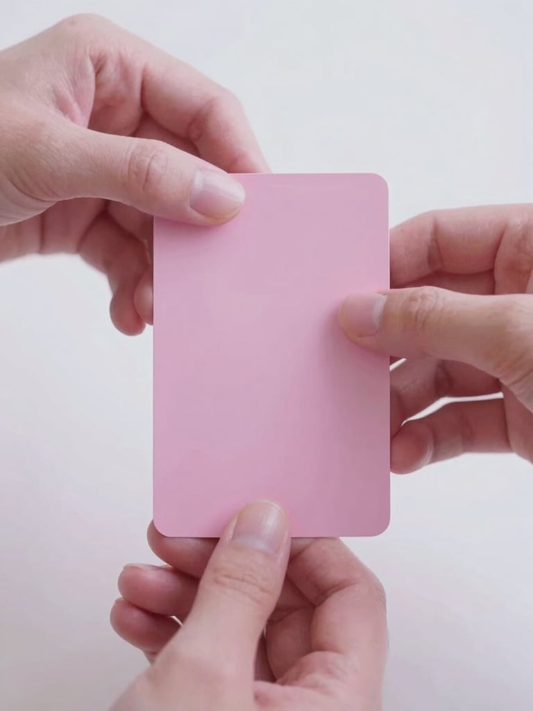 Close-up macro shot of elegant hands gently holding a minimalist pink tarot card, soft ethereal white and pink light, shallow depth of field, 35mm