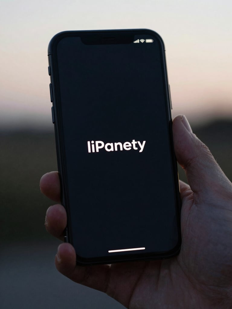 Close-up of a hand holding a smartphone displaying a soft-glowing, minimalist dark interface with clean typography, soft diffused dusk light, macro shot