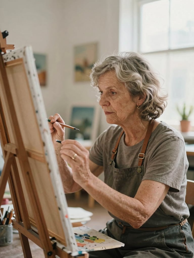 An active senior woman painting on a canvas in a bright, sunlit community art studio, soft natural light, shallow depth of field, warm organic tones.