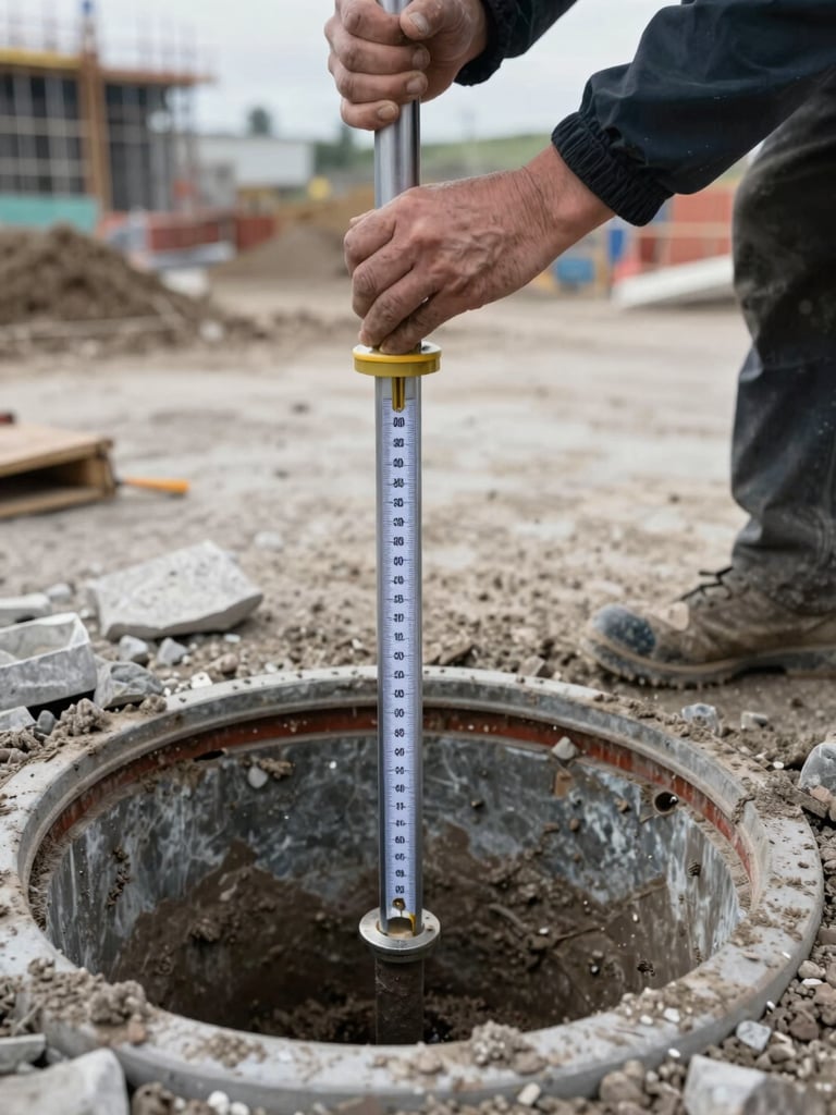 Close-up of a hydrogeologist installing a piezometer into a borehole casing on a construction site, overcast daylight, muddy chalk-grey spoil around the wellhead, measuring tape visible along the casing, no faces shown