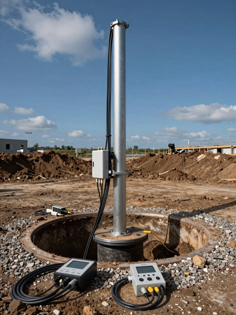Wide shot of a thermal response test rig installed at a borehole head on a construction site, overcast daylight, instrumentation cables and data logger visible in the foreground, compacted soil and gravel around the casing, deep blue sky at horizon