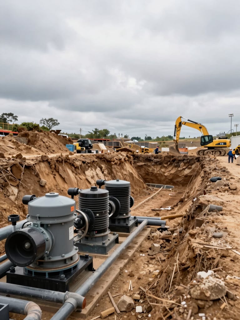 Wide excavation site at overcast daylight, large dewatering pump units and pipe manifolds in the foreground left, exposed soil stratigraphy visible in the trench wall, construction workers operating equipment in background right, technical field context