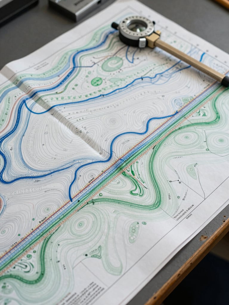 Close overhead shot of a geological cross-section map spread on a field table, contour lines and aquifer layers annotated in blue and green ink, measuring instruments resting on the paper edge, overcast diffuse daylight, documentary precision