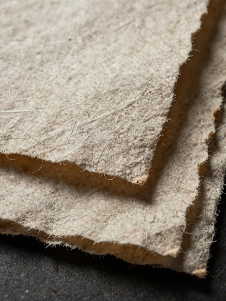 Macro texture of heavy handmade cotton paper with deckled edges, low-key dramatic lighting, casting soft shadows