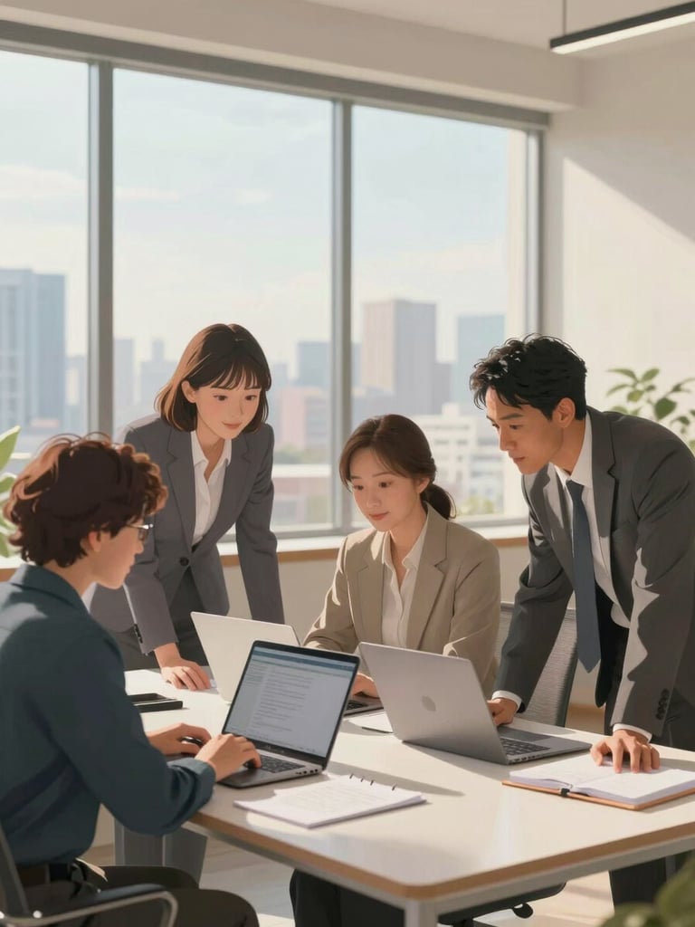 Eye-level wide shot of three diverse adult professionals in business-casual attire collaborating at a modern desk, leaning over open laptops and notebooks, soft warm daylight pouring through floor-to-ceiling windows with a city skyline visible beyond, clean linework anime-inspired semi-realistic illustration style, soft painterly shading, calm optimistic tone