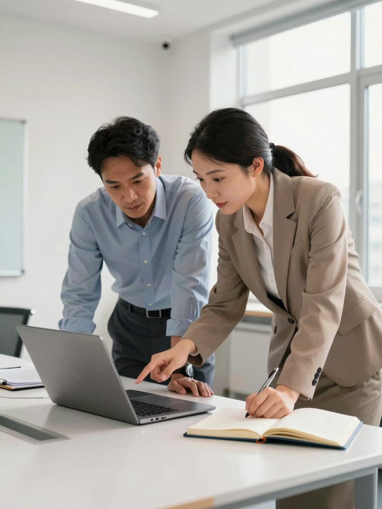 Eye-level view inside a bright conference room, two diverse adult professionals in business-casual attire leaning over a shared laptop on a white table, one pointing at the screen while the other takes notes in an open notebook, soft north-facing window light from the right, warm anime-inspired illustration style with clean linework and painterly shading