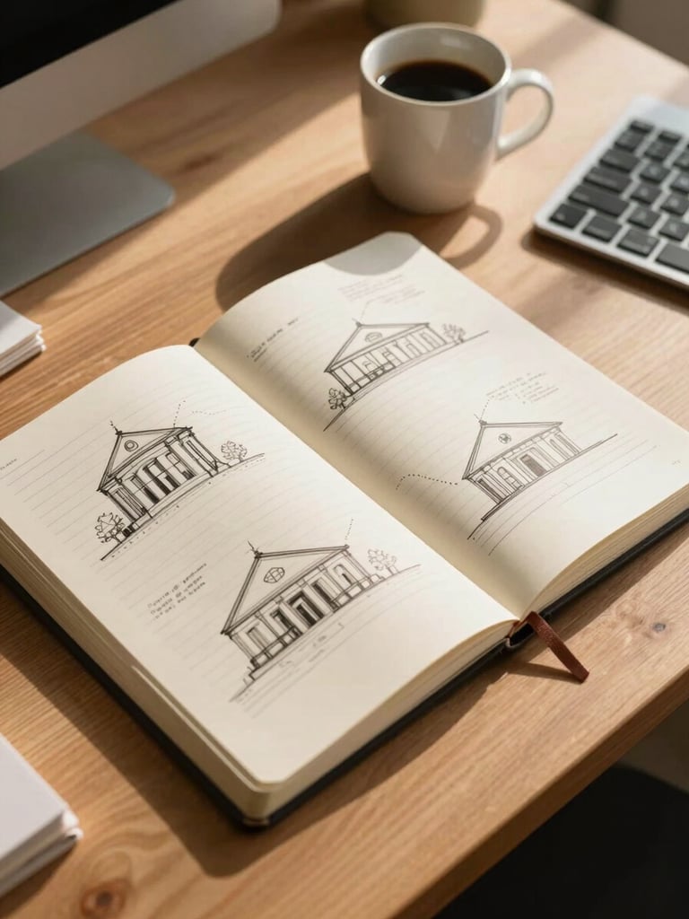 Wide environmental shot of a sunlit wooden desk from slightly above, architecture system diagrams sketched in a large open notebook to the left, a coffee mug catching morning light, keyboard partially visible at the right edge, warm north-facing daylight, no people