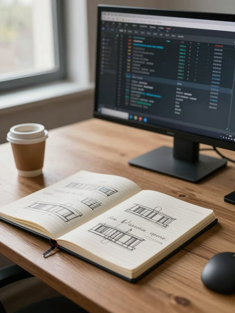 Wide shot of a developer's desk from the left edge, architecture diagram sketched in a notebook, a second monitor showing database schema in dim office light, coffee cup to the side, warm natural light from a nearby window