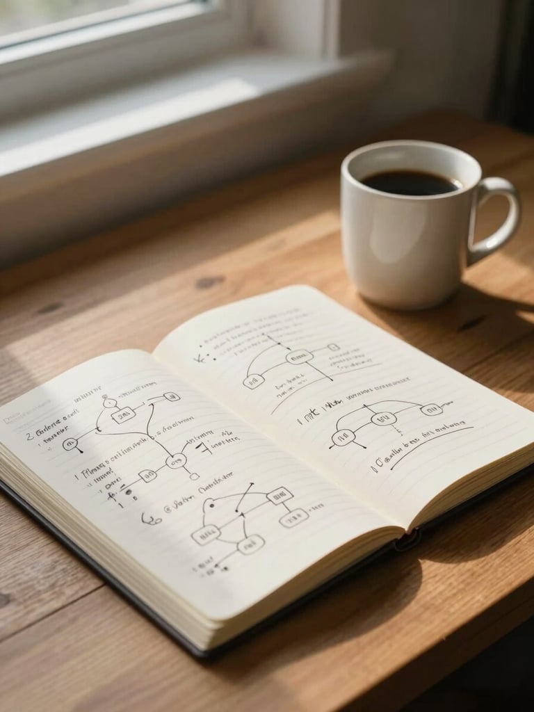 Wide environmental shot of a wooden desk with an open notebook filled with handwritten system diagrams, a ceramic coffee mug to the right, north-facing window light casting soft shadows across the page, no people, calm and focused atmosphere