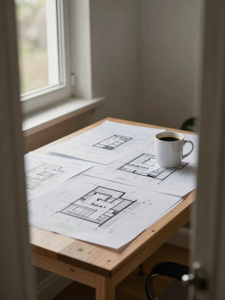 Wide environmental shot of a developer's desk seen from the doorway, architecture diagrams spread across the surface, a mug of coffee to one side, soft north-facing daylight through a window to the left, no person visible, calm and purposeful atmosphere
