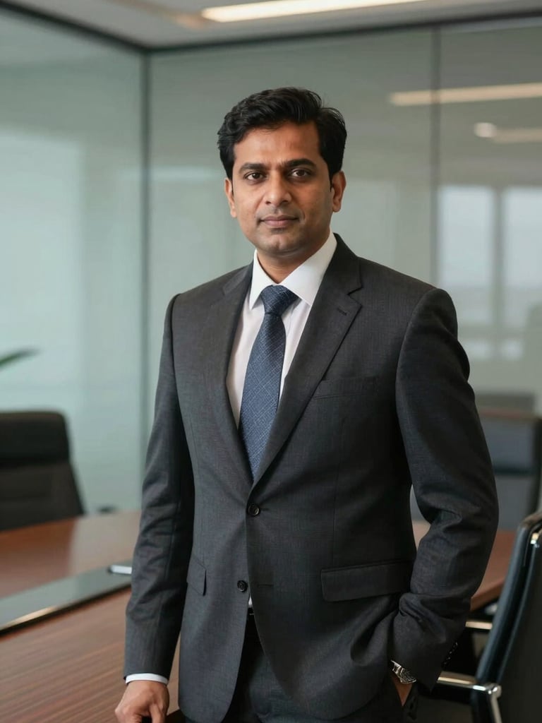 Professional executive portrait of Mr. Ankur Taneja in a dark corporate suit, standing in a modern glass-walled boardroom in Gurugram, confident posture.