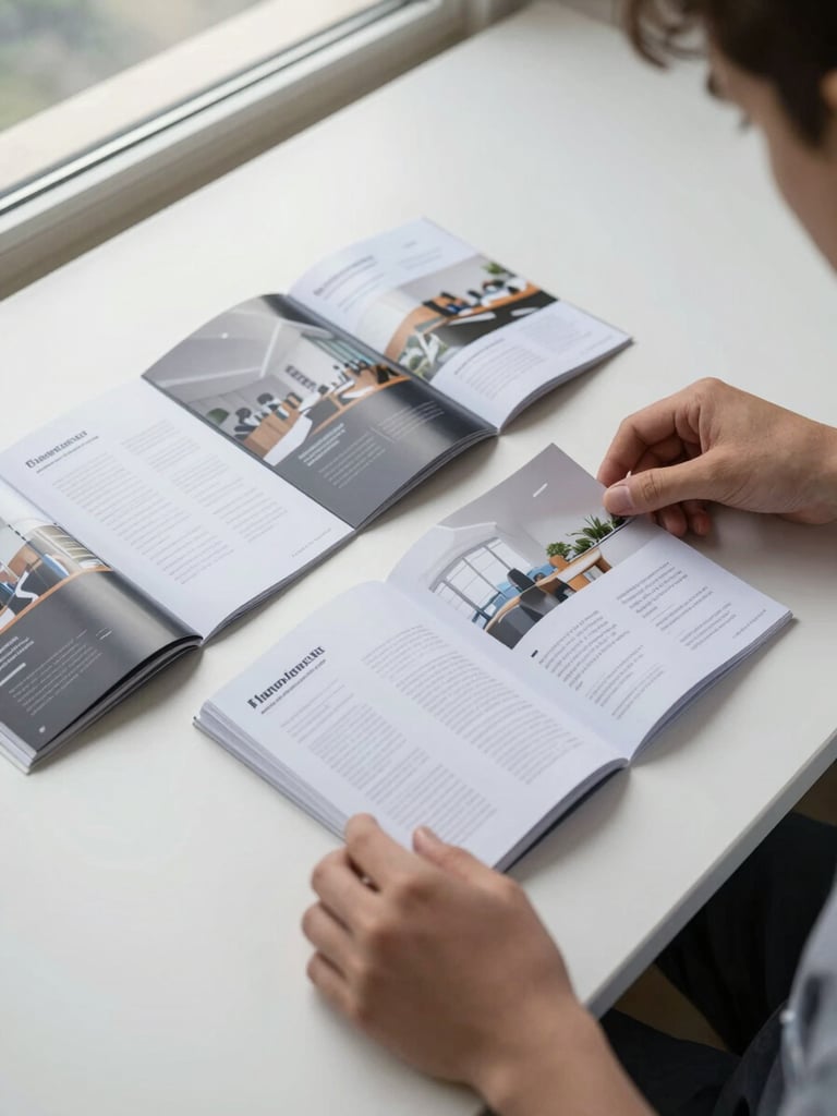 Close overhead shot of a spread of finished printed brochures and folded catalogs laid out on a clean white work table, hands adjusting one piece, sharp daylight from a studio window, businesslike and precise