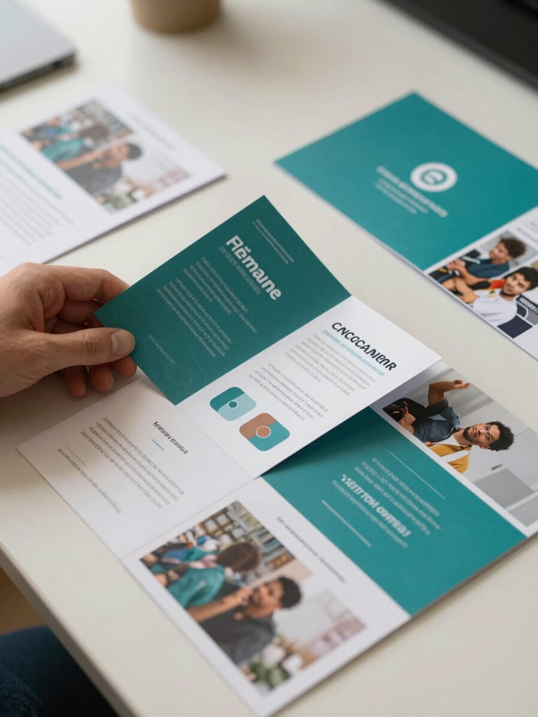 Close overhead shot of a professional work desk, printed brochures and advertising flyers laid out on a light surface, a designer's hand adjusting a folded tri-fold, clean studio daylight from the left, teal and cream color palette in the printed materials, sharp focus on paper texture