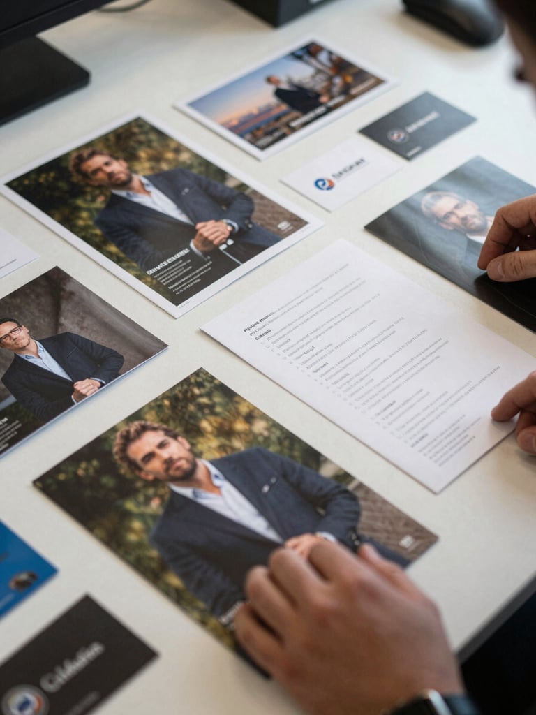 Overhead close-up of finished printed advertising materials — brochures, folded flyers, and brand cards — spread across a clean office desk under diffused natural light, hands partially visible reviewing the pieces, documentary framing