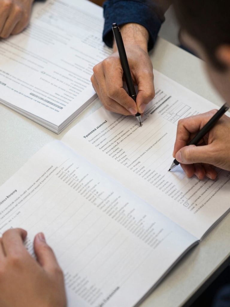 Close-up overhead shot of printed training workbooks open on a conference table, hands of two participants reviewing exercises together, clean natural light, documentary style, no smiling poses