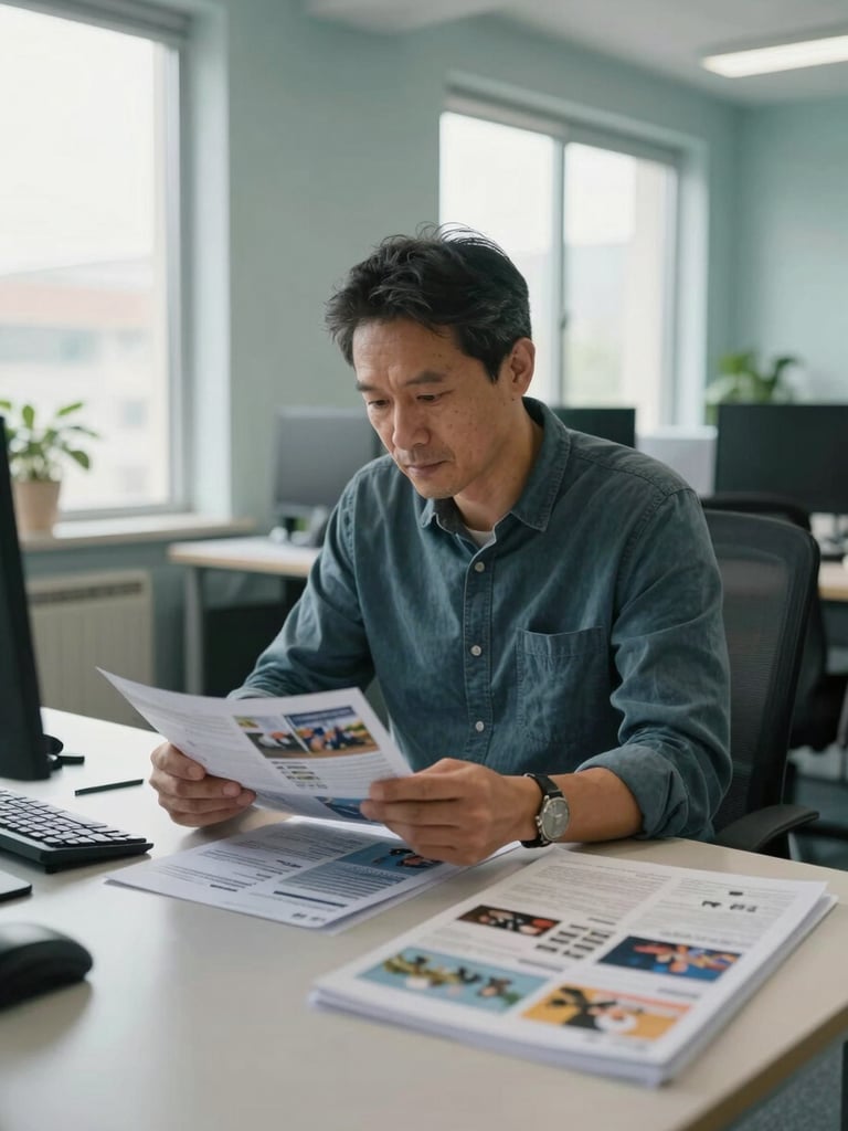 Close environmental portrait of a professional in their late 40s reviewing printed brochures at a wide desk in a well-lit office, natural daylight through side windows, calm and focused, teal-toned workspace background, documentary style