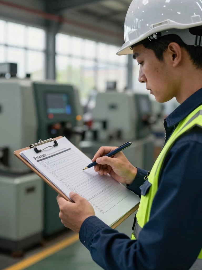 Close-up of safety officer reviewing inspection checklist on clipboard inside a manufacturing facility, natural overcast light through industrial windows, PPE vest and hard hat visible, machinery in soft background