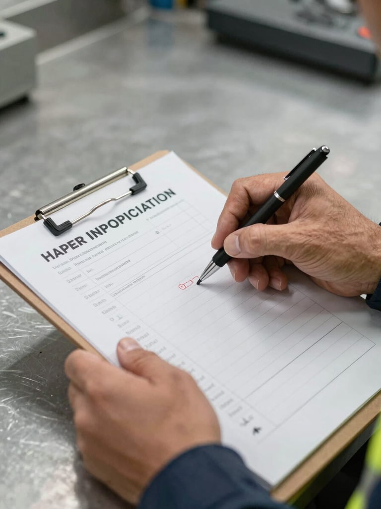 Close-up documentary shot of a safety professional's hands marking a hazard identification checklist on a metal clipboard, industrial workbench in background, overcast natural light, no staged poses