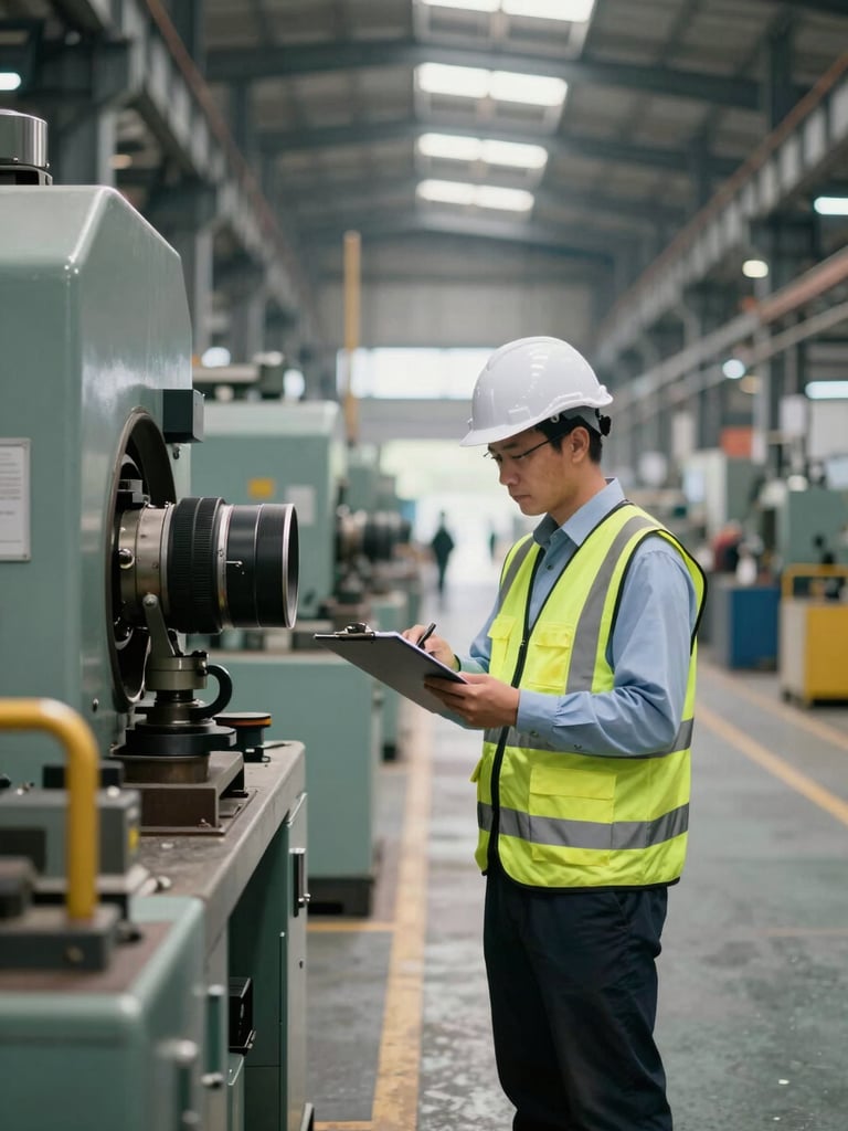 Wide industrial facility corridor, safety officer in high-visibility vest and hard hat reviewing a clipboard near heavy machinery, documentary natural light from skylights above, shallow depth of field, context of a real manufacturing plant