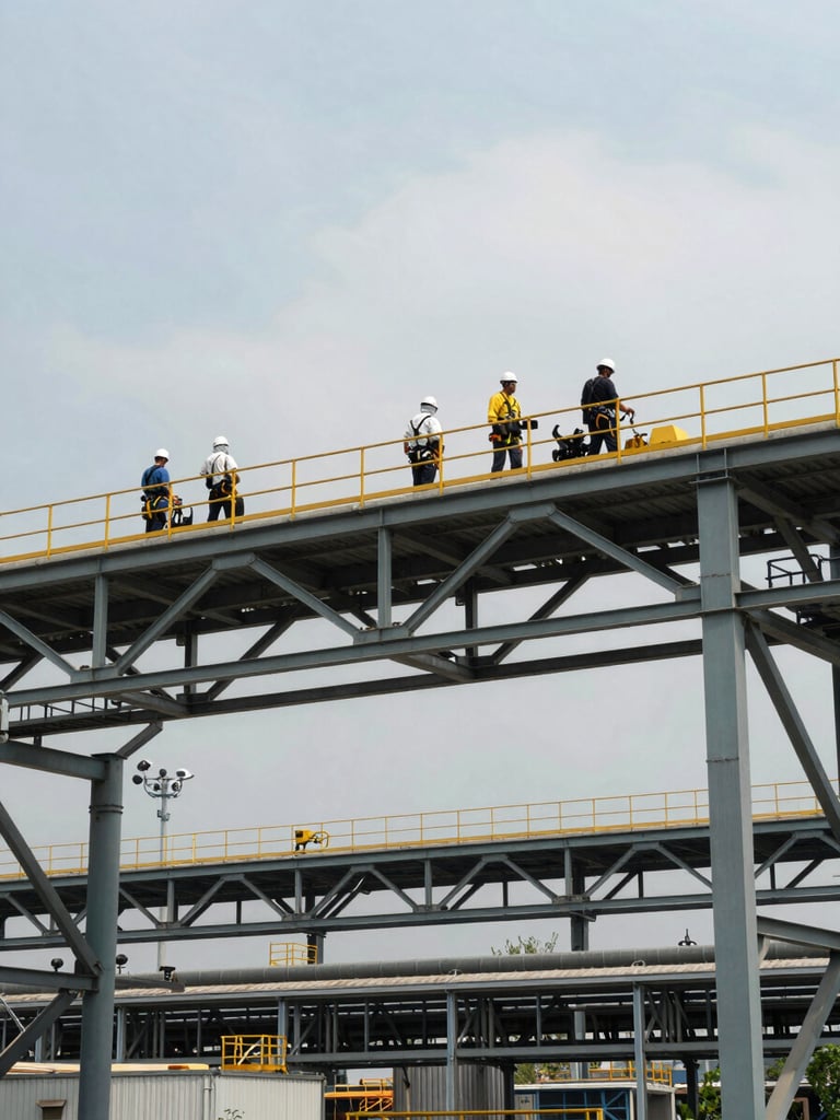 Wide industrial scene, workers wearing full PPE including hard hats and harnesses on elevated steel structure, documentary natural daylight from overcast sky, environmental scale showing height and factory infrastructure below