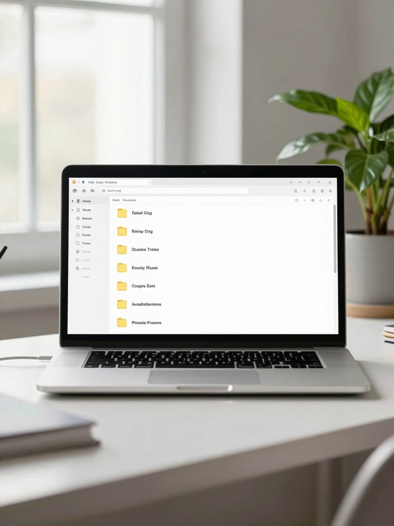 A clean, organized home office desk with a laptop displaying a simple, structured folder hierarchy, a single green plant, bright natural light