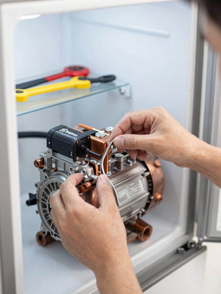Close-up of a technician's hands carefully installing a brand new, certified copper compressor into a modern refrigerator, organized tools in the background, bright clean lighting.