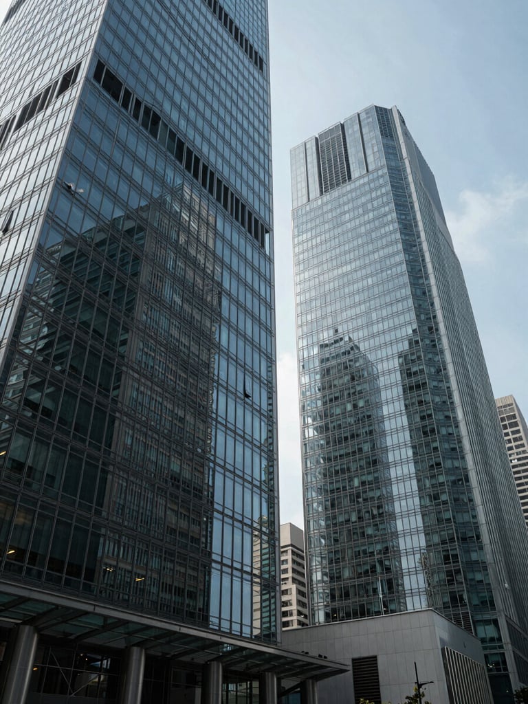 A wide dramatic shot of modern geometric glass skyscrapers in a global financial hub, sharp architectural shadows, cool daylight.