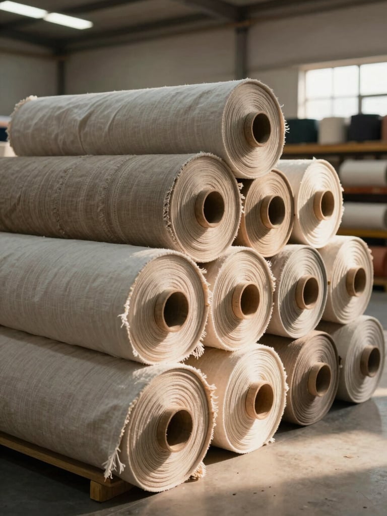 Warm natural side-lighting illuminating rolls of heavy-wear textiles stacked in a clean, modern Karbala warehouse environment.