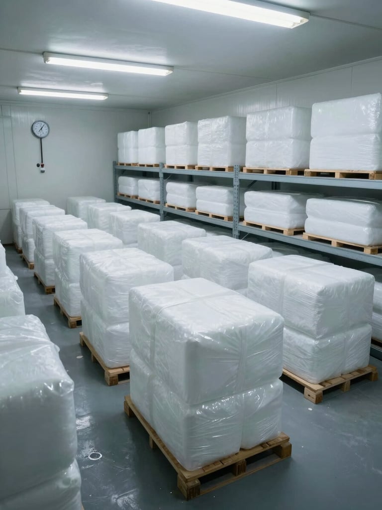 Environmental wide shot inside a refrigerated cold-storage warehouse in Papua, organized rows of stacked frozen product boxes on metal shelving under cool even fluorescent light, temperature gauge visible on wall, no people, clean operational industrial setting