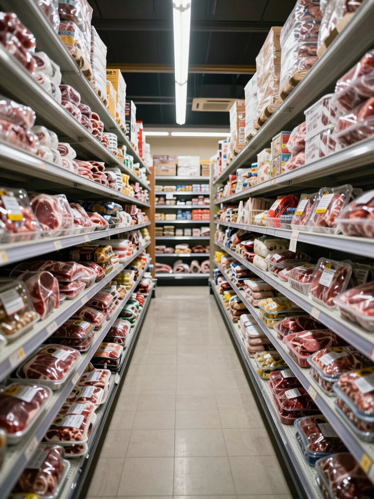 Wide environmental shot of fully stocked refrigerated display shelves inside a retail cold-storage store, rows of packaged frozen meat and food products arranged in neat columns under cool even fluorescent lighting, shelves filled edge to edge with no gaps, shot from a low-angle wide perspective emphasizing depth and volume of stock