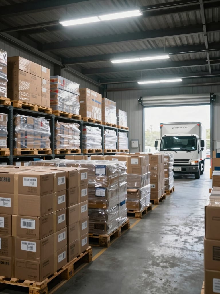 Wide environmental interior of an organized cold-storage warehouse, a refrigerated delivery truck visible through a loading dock door at the far right, pallets of labeled product cartons in the foreground, cool fluorescent overhead light casting even illumination, mist near floor level, no people, operational and documentary in feel