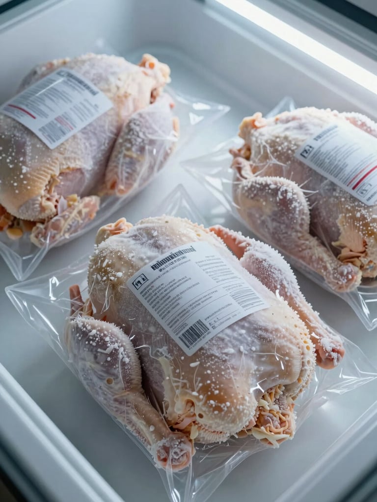 Close overhead study of sealed frozen chicken packages on a flat cold storage surface, cool white fluorescent light, label detail visible, frost-edged packaging, no hands, no people, product integrity shot