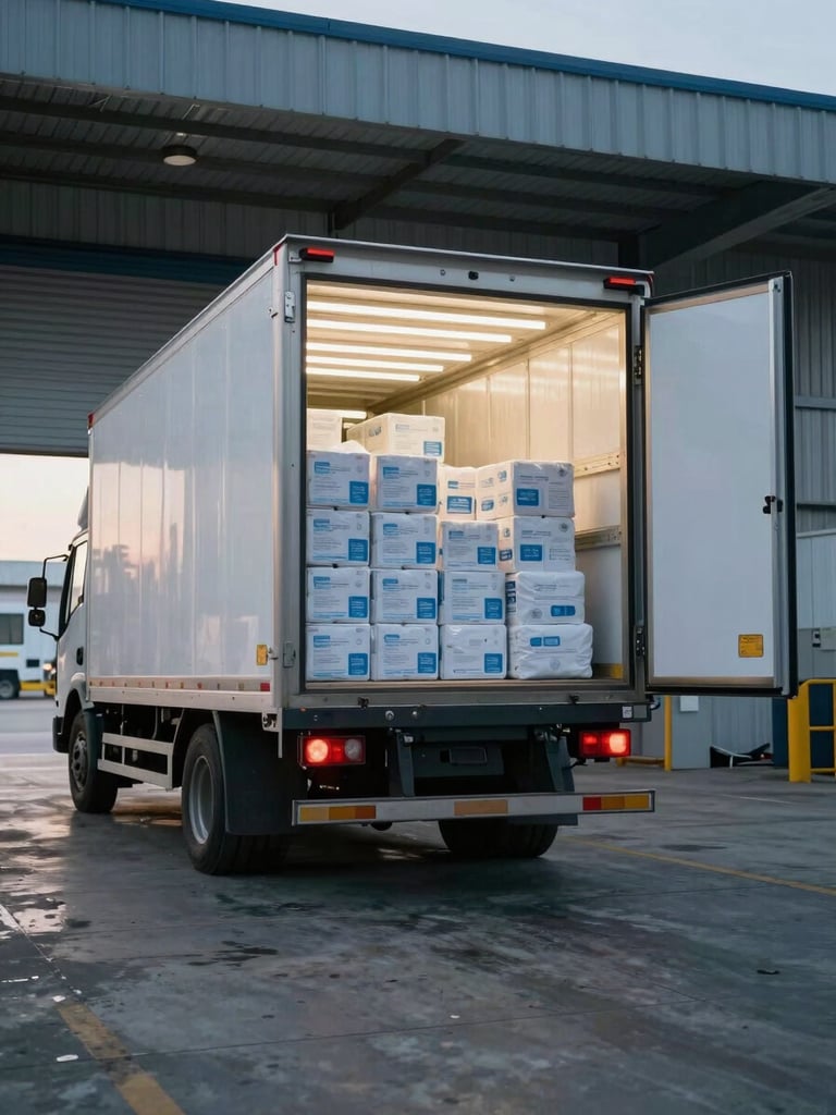 Wide environmental shot, refrigerated delivery truck loaded and parked at a cold-storage warehouse dock in Papua, rear cargo doors open revealing stacked frozen product boxes, cool even fluorescent light spilling from the loading bay, concrete floor, industrial operational setting, no people