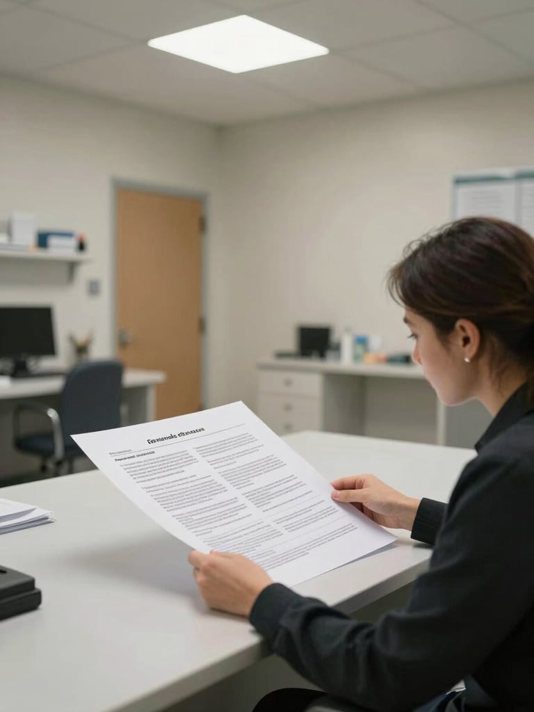 Wide angle interior of a clinical administrative office, a single analyst reviewing a large printed policy document on a clean desk, fluorescent and natural light balanced, neutral walls, viewed from slightly above, no personal items visible