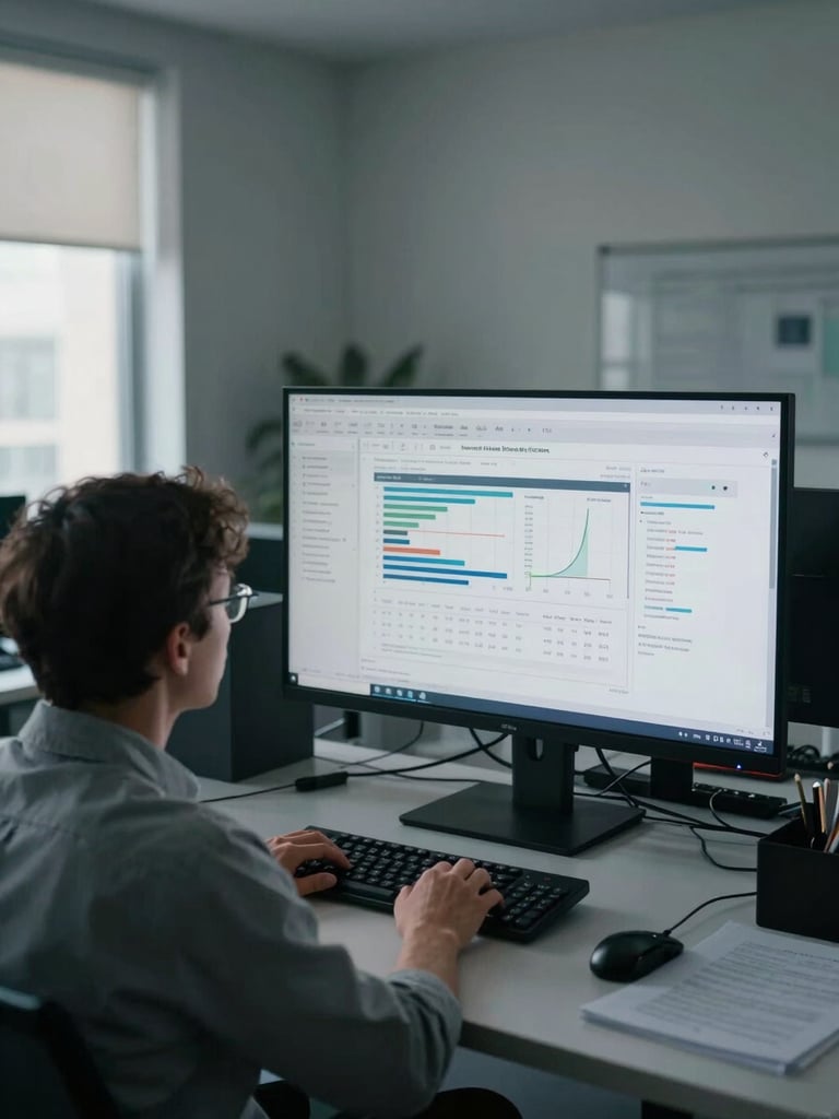 Wide-angle view of a research analyst at a large monitor in a quiet institutional office, documents and data charts visible on screen, soft diffused window light from the left, mid-distance framing, muted cool tones