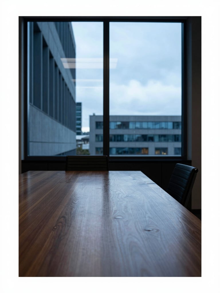 Corporate editorial photography of a quiet boardroom with natural morning light, a solid oak table reflecting the cool overcast sky, sharp geometric lines of modern architecture visible through the window, deep blue and slate tones, 35mm.