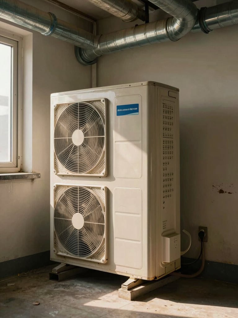 Wide environmental shot of a split-system condenser unit in a cramped residential utility corner, ductwork overhead, warm afternoon light through a small window, grime and age marks on the housing