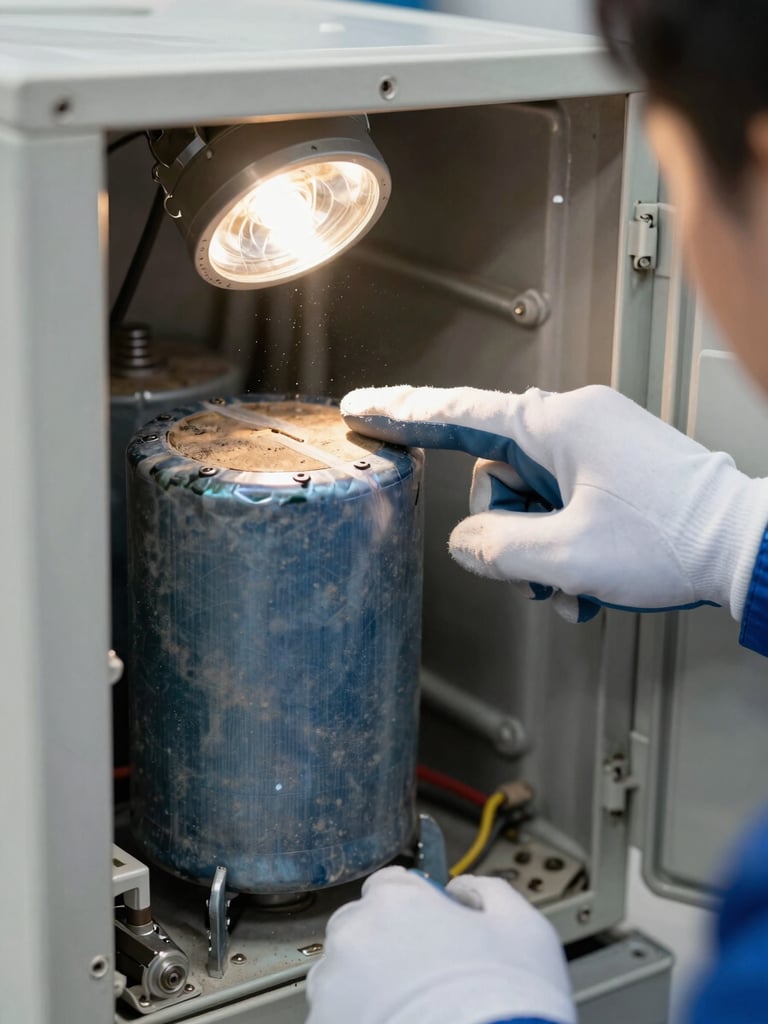 Close-up of a technician's gloved hand pointing at a visibly corroded capacitor inside an open AC unit panel, tungsten work-light glow, dust and grime on surrounding components