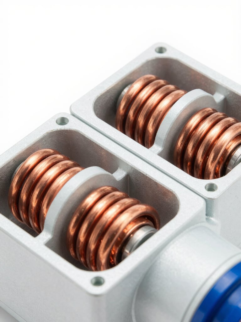 Macro shot of heavy-duty copper transformer coils inside an industrial inverter chassis, bright clean high-key studio lighting, cool white and blue tones, 50mm