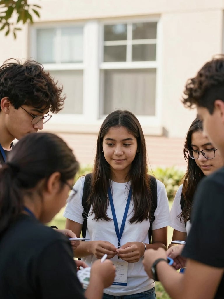 Candid environmental portrait of high school students collaborating on a community service project outdoors, warm afternoon sunlight, natural expressions, 35mm lens.