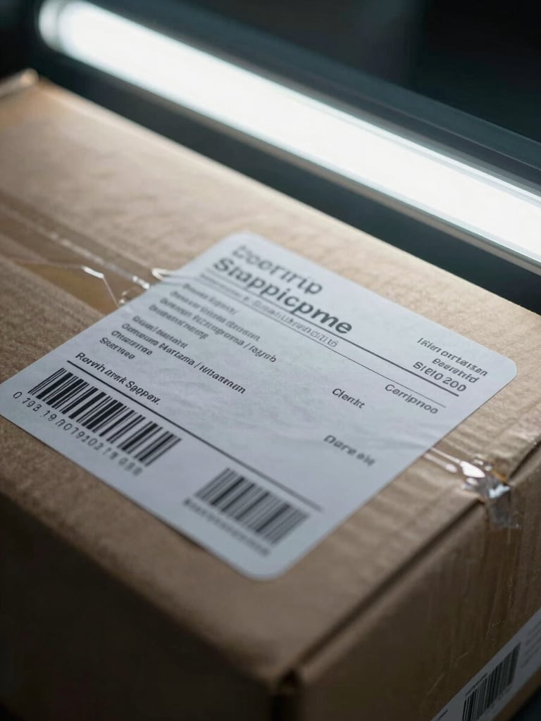 Extreme close-up of a shipping label on a cardboard package under cold fluorescent light at a border checkpoint inspection table, barcode sharp in focus, background blurred into deep shadow