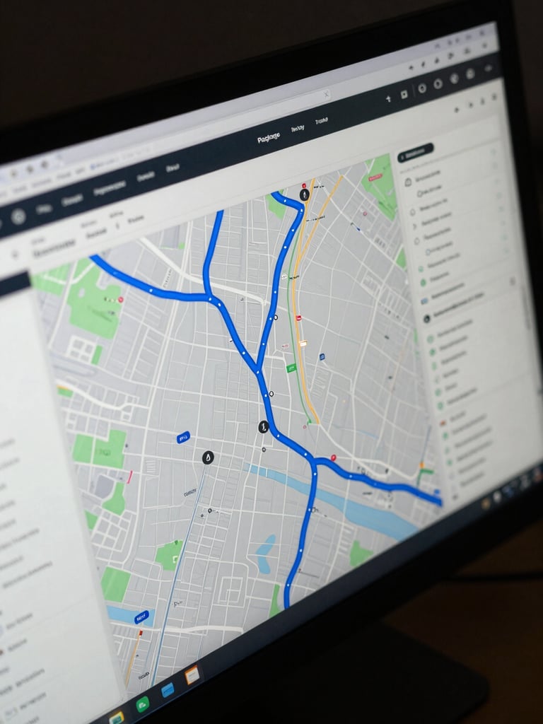 Close-up overhead view of a logistics dashboard UI on a dark monitor, showing a real-time package tracking map with electric-blue route lines and a scan confirmation panel, cool directional terminal lighting, no people visible
