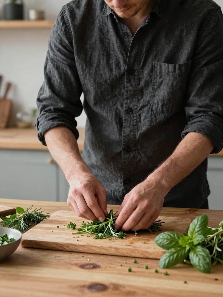A chef in a dark linen shirt arranging fresh herbs on a rustic wooden table, soft natural side lighting, minimalist Scandinavian kitchen setting.