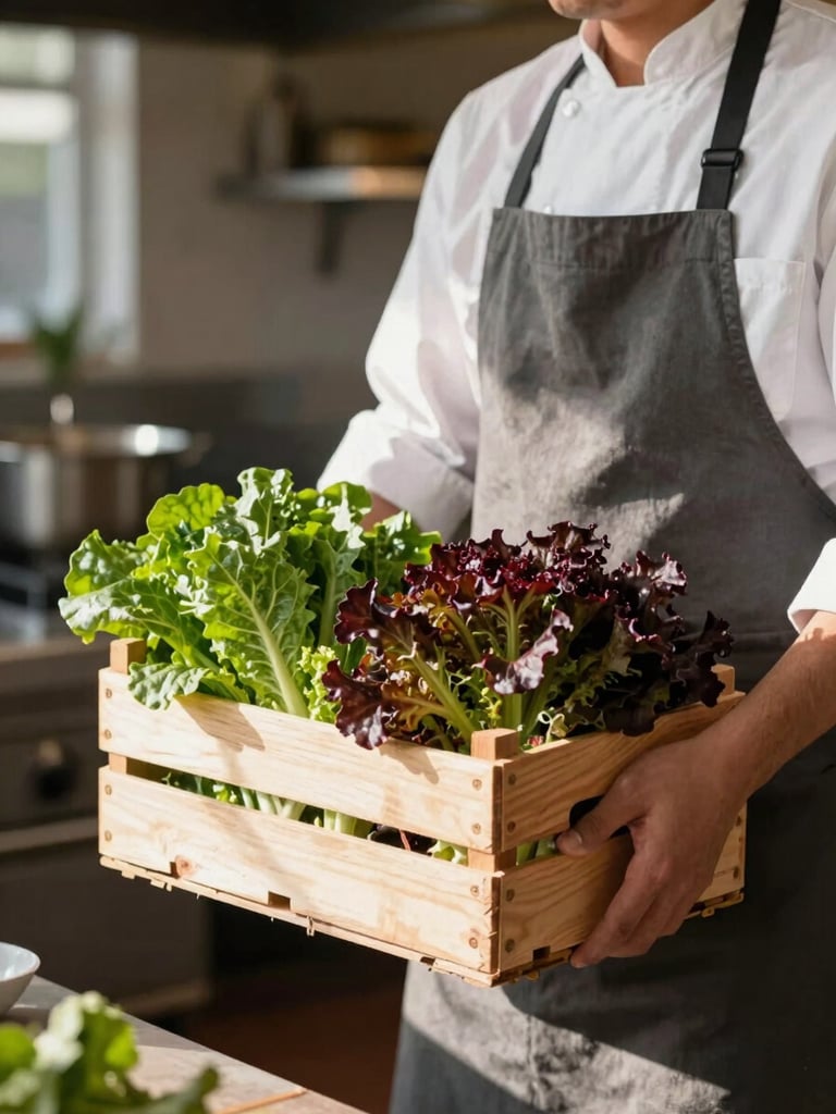 A chef in a clean linen apron receiving a wooden crate of fresh leafy greens inside a sunlit restaurant kitchen, soft natural shadows.