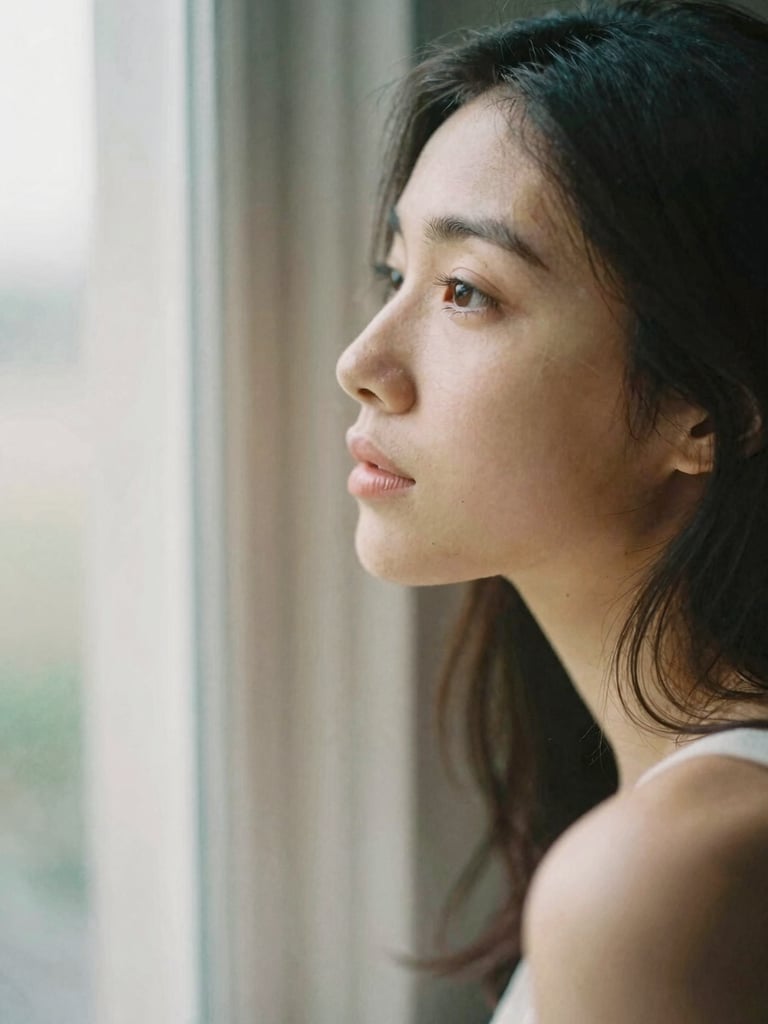 A soft environmental portrait of a woman in quiet reflection, looking out a window, warm natural light, shallow depth of field, 35mm.